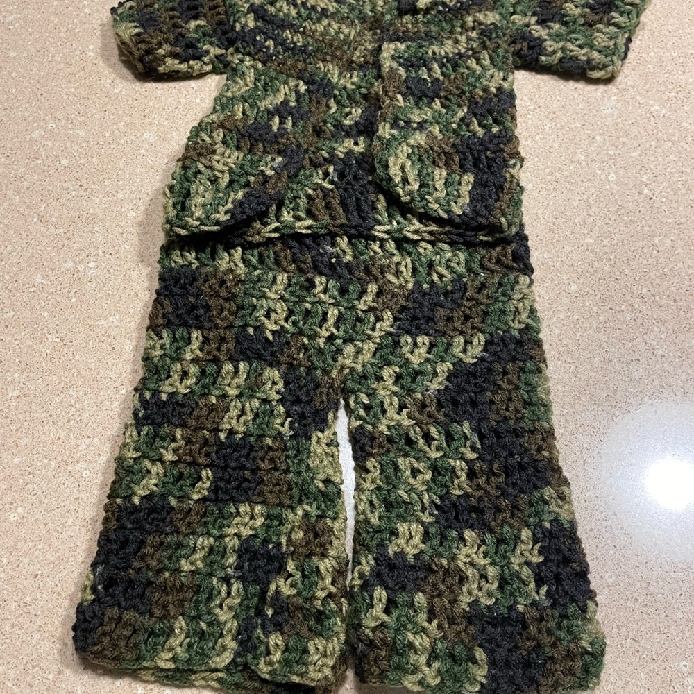 Handmade Camouflage Hand Knit /Crocheted Infant Set- Cardigan and Pants